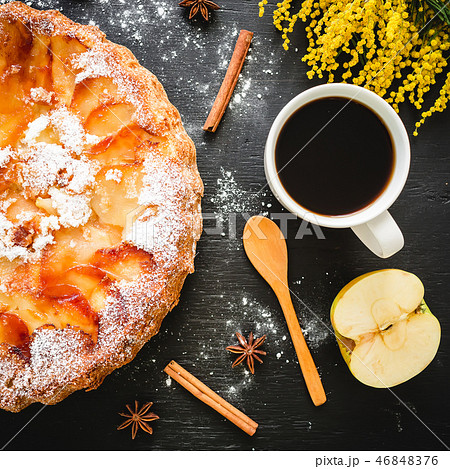 Apple cake with sugar, coffee mug, apple fruit 46848376