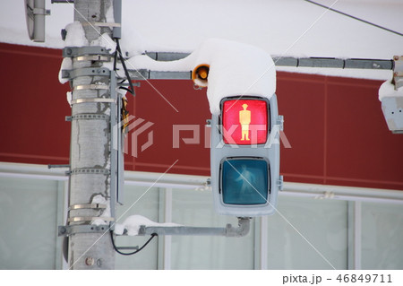 雪が積もった歩行者用信号機。 雪が積もった歩行者用信号機。 46849711