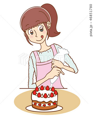 ケーキを作る女性のイラストのイラスト素材