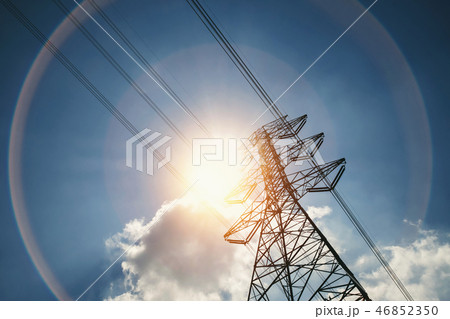 hight voltage tower and sunshine. clean solar hight voltage tower and sunshine. clean solar 46852350