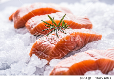 Close-up salmon fillets portioned on ice. Close-up salmon fillets portioned on ice. 46853863