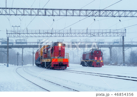 shunting diesel locomotives during snowfall 46854356