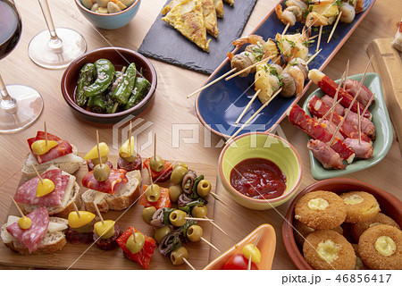 Tapas appetizers on table - view from above 46856417