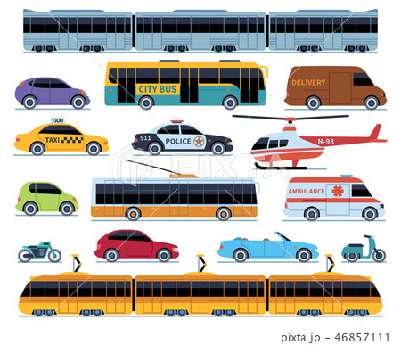 Car transport set. Vehicles city transportation. Cars trucks scooters motorcycle bus. Side view auto Car transport set. Vehicles city transportation. Cars trucks scooters motorcycle bus. Side view auto 46857111