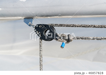 Sailing yacht rigging equipment: Jib Genoa block closeup Sailing yacht rigging equipment: Jib Genoa block closeup 46857828