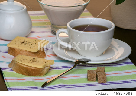 morning Breakfast with cocoa and sandwiches 46857982