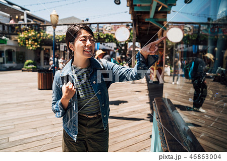 girl traveler pointing finger inside the window 46863004