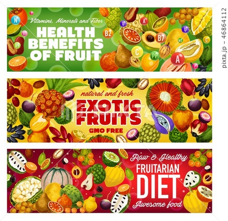 Tropical fruits, exotic berries of fruitarian diet Tropical fruits, exotic berries of fruitarian diet 46864112