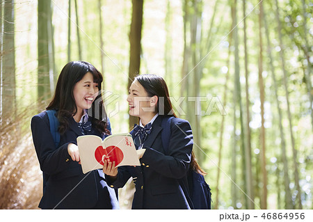 竹林を背景にガイドブックを開く二人の女子高生 竹林を背景にガイドブックを開く二人の女子高生 46864956