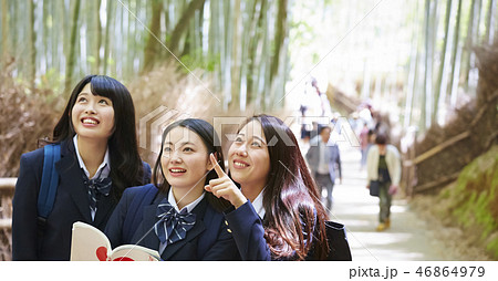 竹林の坂の上でガイドブックを開く三人の女子高生 竹林の坂の上でガイドブックを開く三人の女子高生 46864979