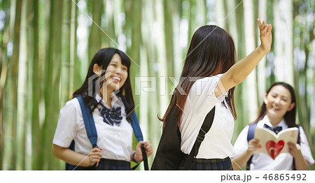 ガイドブックを開きながら歩く三人の女子高生 46865492