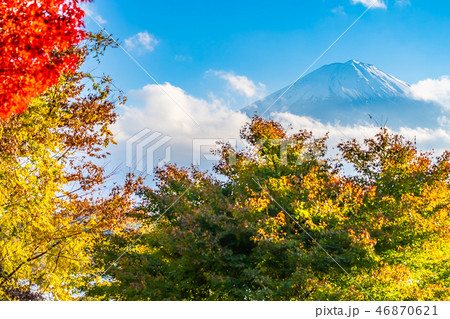 Beautiful landscape of mountain fuji with maple leaf tree around lake Beautiful landscape of mountain fuji with maple leaf tree around lake 46870621