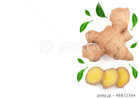 fresh Ginger root and slice isolated on white background with copy space for your text. Top view 46872364