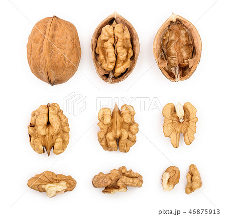 Walnuts isolated on white background. Top view. Flat lay. Set or collection Walnuts isolated on white background. Top view. Flat lay. Set or collection 46875913