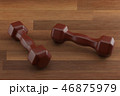 3d rendering dumbbell on the wooden floor, closeup, for fitness or weight related themes 46875979
