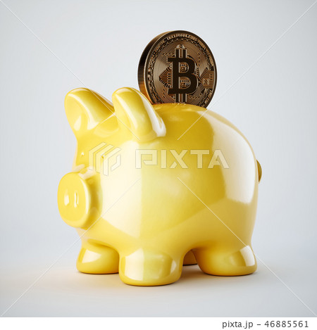 Piggy bank with golden bitcoin coin Piggy bank with golden bitcoin coin 46885561
