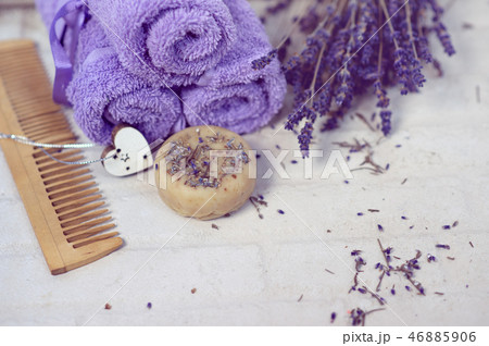 Spa and wellness setting with lavender flowers and handmade soap or shampoo bar, Dayspa nature set 46885906