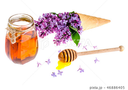 Organic honey in glass jar, purple lilac 46886405