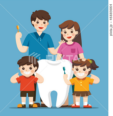 Kids and parents standing next to big white tooth. 46889864