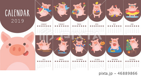 Calendar 2019 with pig in different situations. 46889866