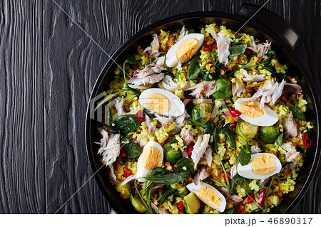 Kedgeree with flaked smoked fish, top view Kedgeree with flaked smoked fish, top view 46890317