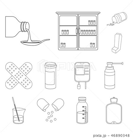 Medicine and treatment outline icons in set collection for design. Medicine and equipment vector Medicine and treatment outline icons in set collection for design. Medicine and equipment vector 46890348