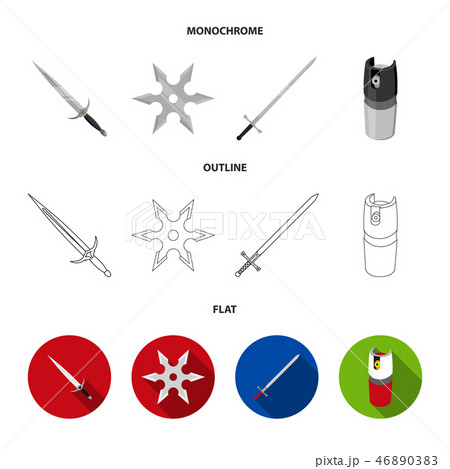 Sword, two-handed sword, gas balloon, shuriken. Weapons set collection icons in flat,outline Sword, two-handed sword, gas balloon, shuriken. Weapons set collection icons in flat,outline 46890383