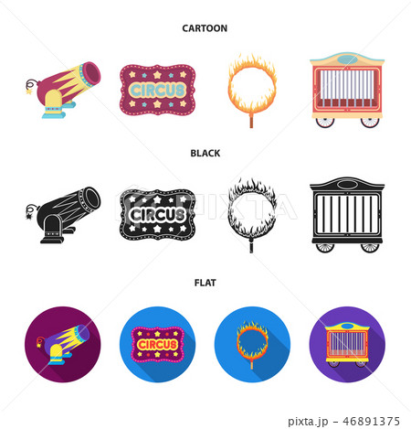 Circus trailer, circus gun, burning hoop, signboard.Circus set collection icons in cartoon,black 46891375