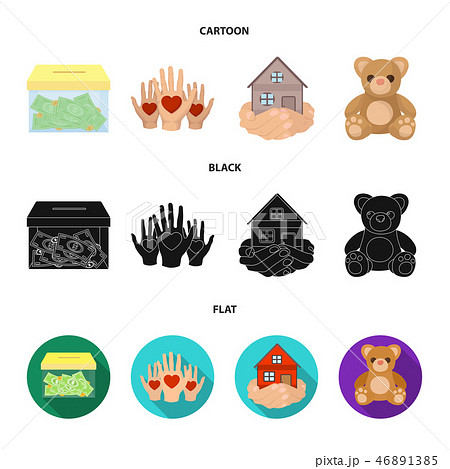Boxing glass with donations, hands with hearts, house in hands, teddy bear for charity. Charity and 46891385