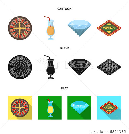 Roulette, a glass with a drink, a diamond, a sign with the inscription Casino. Casino and gambling 46891386