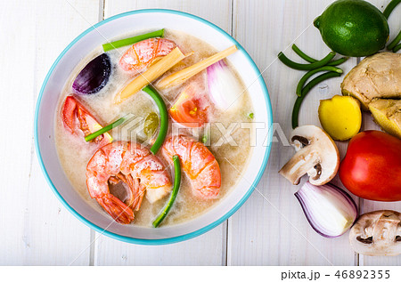 Spicy soup with prawns on coconut milk Spicy soup with prawns on coconut milk 46892355