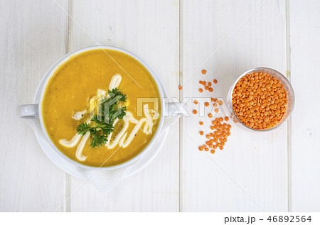 Vegetable soup puree with lentils and pumpkin Vegetable soup puree with lentils and pumpkin 46892564