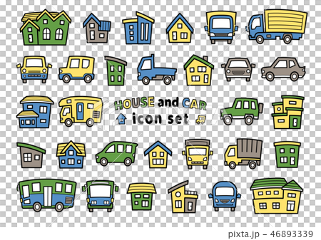 車と家のアイコンセット(線画にライブペイント)上弦バージョン 46893339
