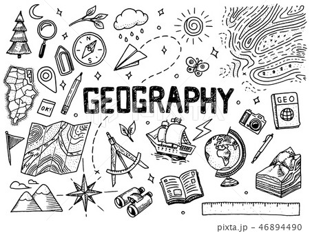Set of geography symbols. Equipments for web banners. Vintage outline sketch for web banners. Doodle 46894490