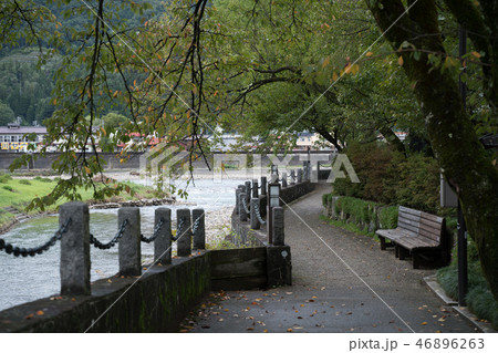 川沿いの小道。緑の木々 46896263