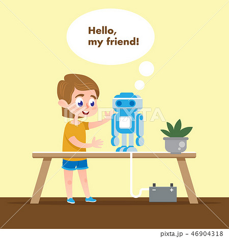 Smart Kid with Talking Robot Model. Flat Cartoon Smart Kid with Talking Robot Model. Flat Cartoon 46904318
