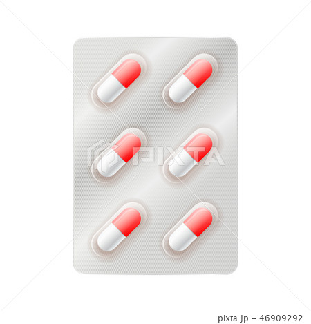 Red and white medicine capsules, six pills in blister on white 46909292