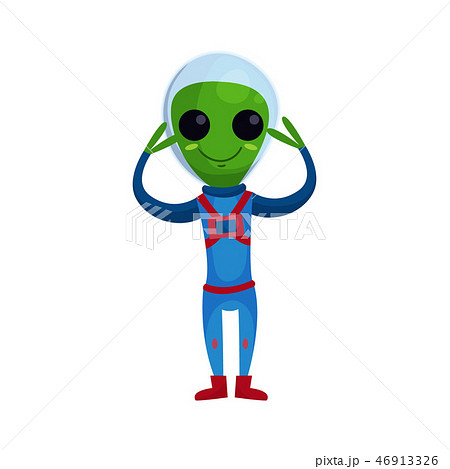Smiling green alien with big eyes wearing blue space suit standing with his arms raised, alien Smiling green alien with big eyes wearing blue space suit standing with his arms raised, alien 46913326