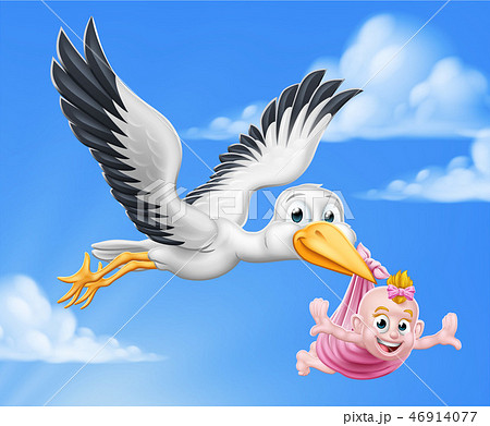 Stork Cartoon Pregnancy Myth Bird With Baby Girl 46914077
