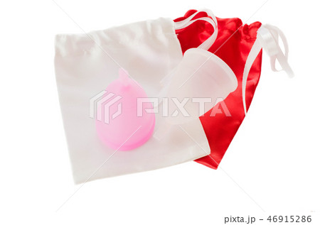 Pink and white menstrual cups with bags. 46915286