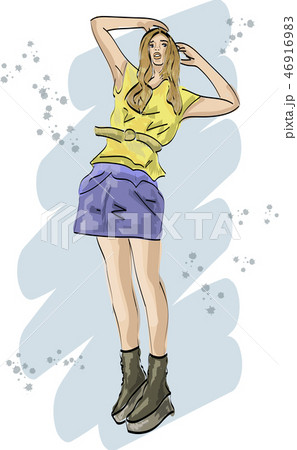Fashion sketch with young woman in skirt Fashion sketch with young woman in skirt 46916983