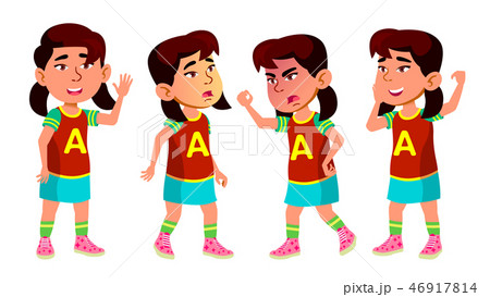 Asian Girl Kindergarten Kid Poses Set Vector. Baby Expression. Preschooler. Life. For Postcard 46917814