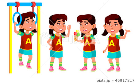 Asian Girl Kindergarten Kid Poses Set Vector. Playground. Playful Positive Small Baby. For 46917817