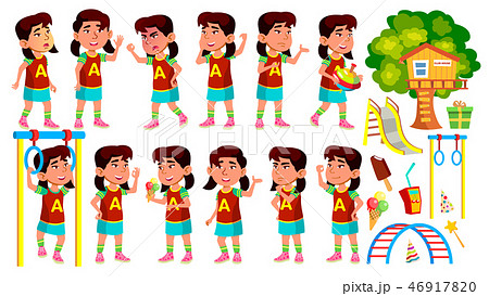 Asian Girl Kindergarten Kid Poses Set Vector. Preschool. Young Person. Cheerful. Playground. For Web 46917820