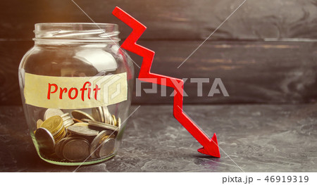 Glass jar with coins, down arrow and word Profit. 46919319