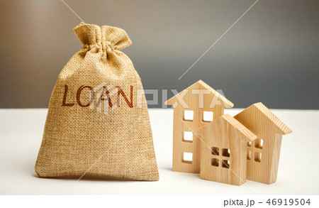 Wooden houses and a bag with the word Loan. Wooden houses and a bag with the word Loan. 46919504