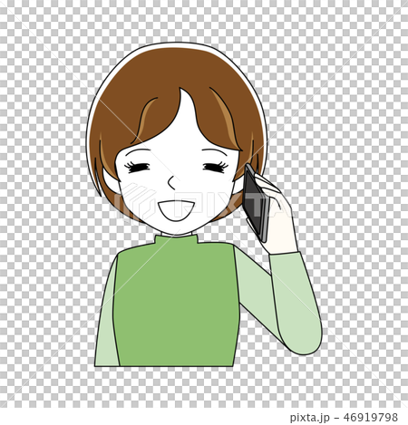 スマホで会話中に満面の笑みになる女性のイラスト素材