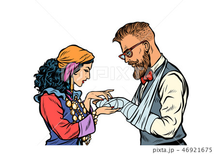 Gypsy palmist and hipster. Patient with plaster and a broken arm 46921675
