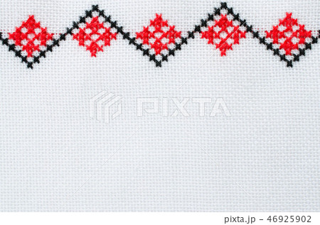 Embroidery on White Linen by Red and Black Threads 46925902