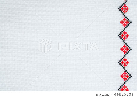 Embroidery on White Linen by Red and Black Threads 46925903